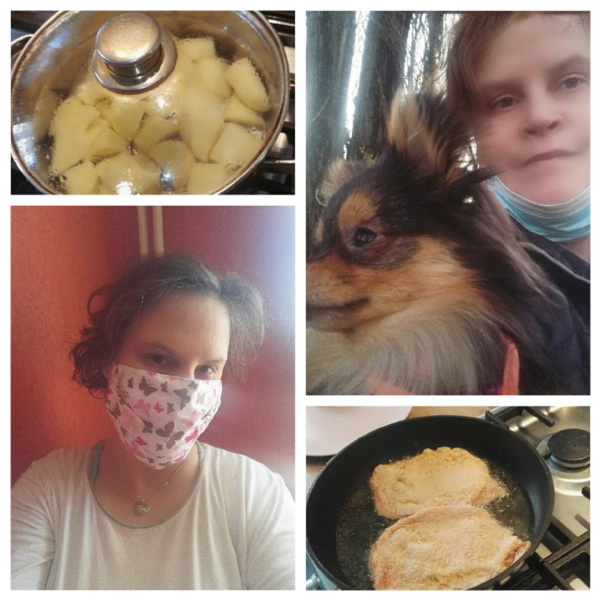Kobieta w masce,potrawa w garnku,kobietaz psem,potrawa.