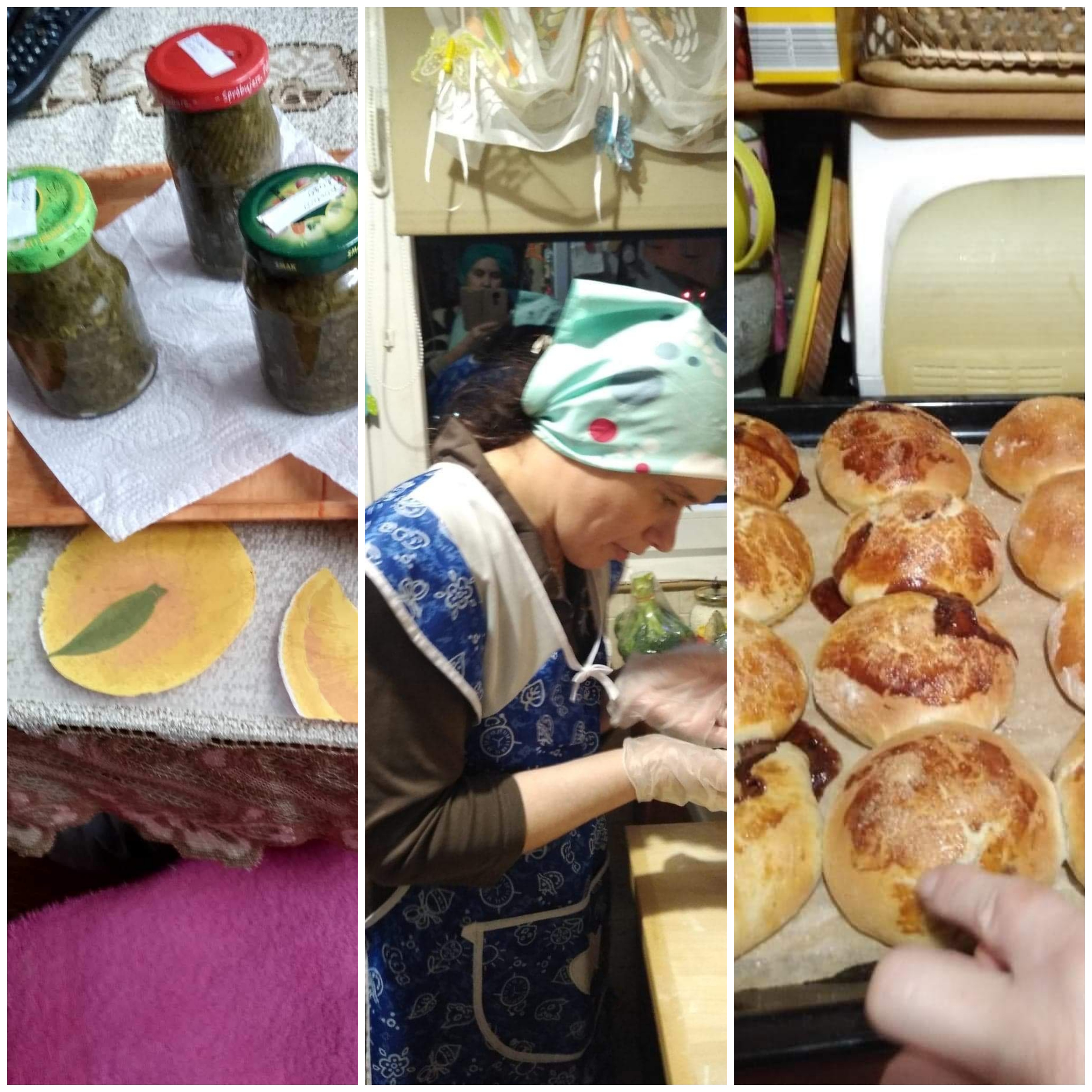 Słoiki,na drugim zdjęciu kobieta nad pierogami,drożdżówki.