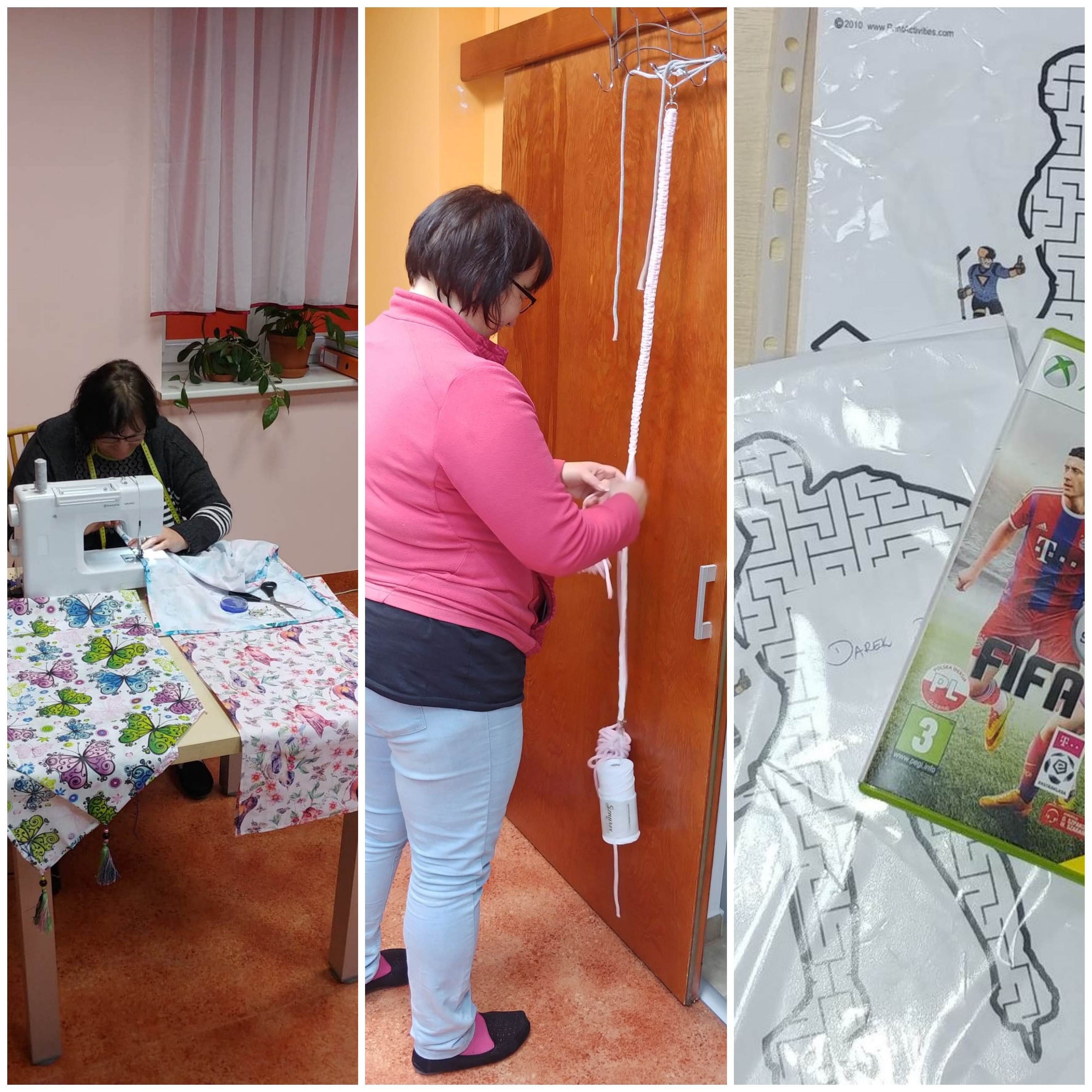 Kobieta szyje na maszynie ,drugie zdjęcie,kobieta stoi przodem do sznurka,kartki z zadaniami.