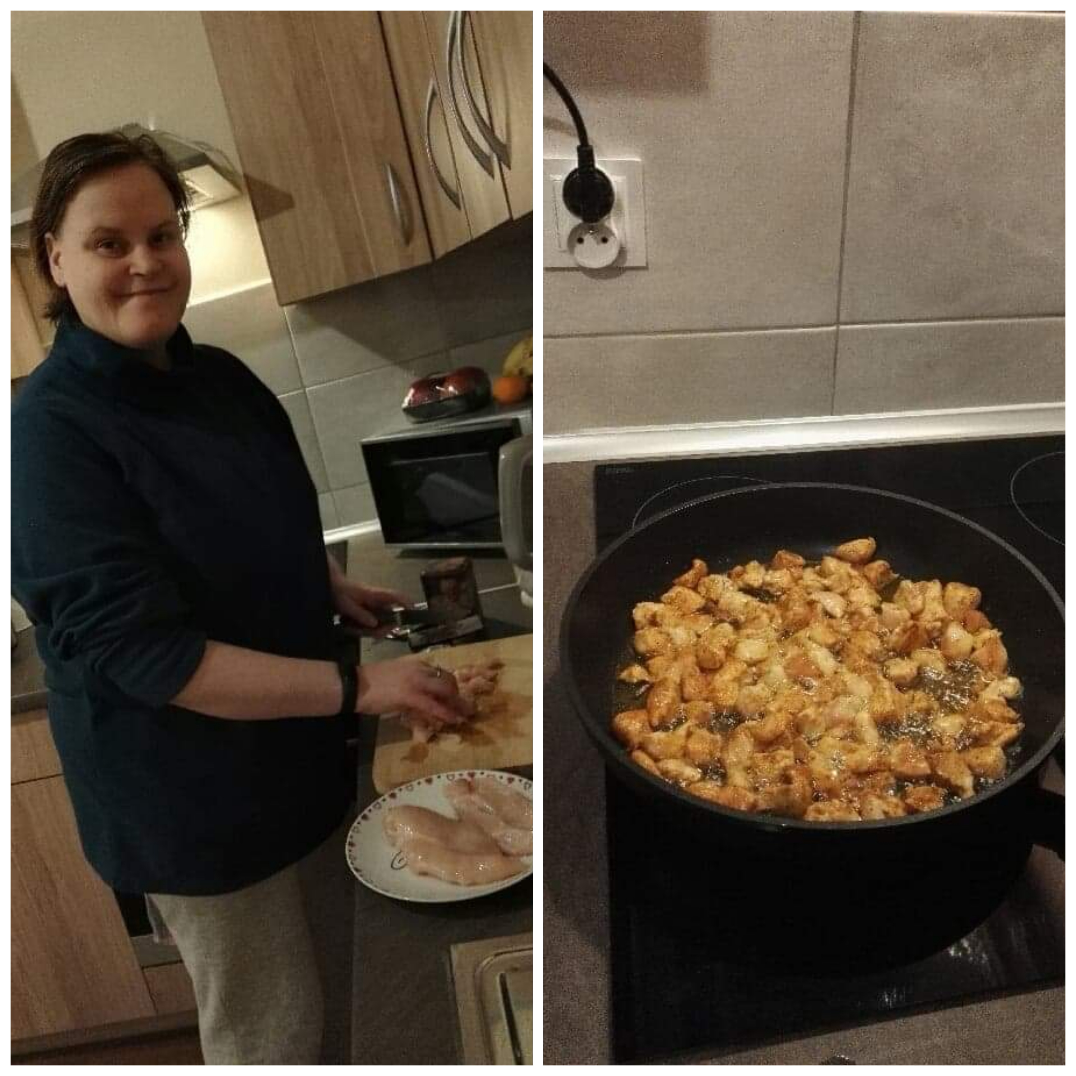 Kobieta kroi kurczaka,kurczak smaży się na patelni.
