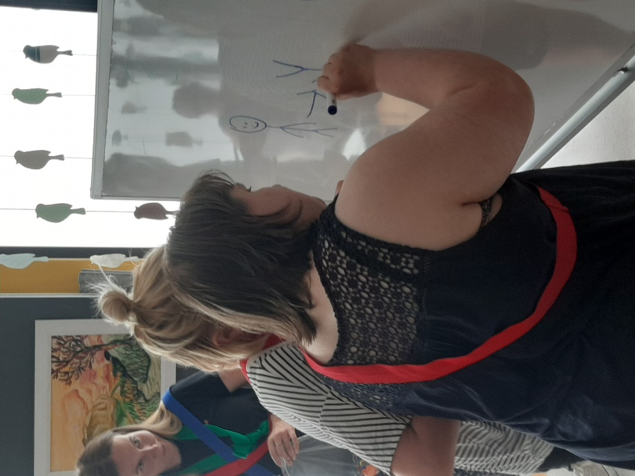 Dwie kobiety rysujące na tablicy w oddali trzecia kobieta odwrócona w ich stronę.